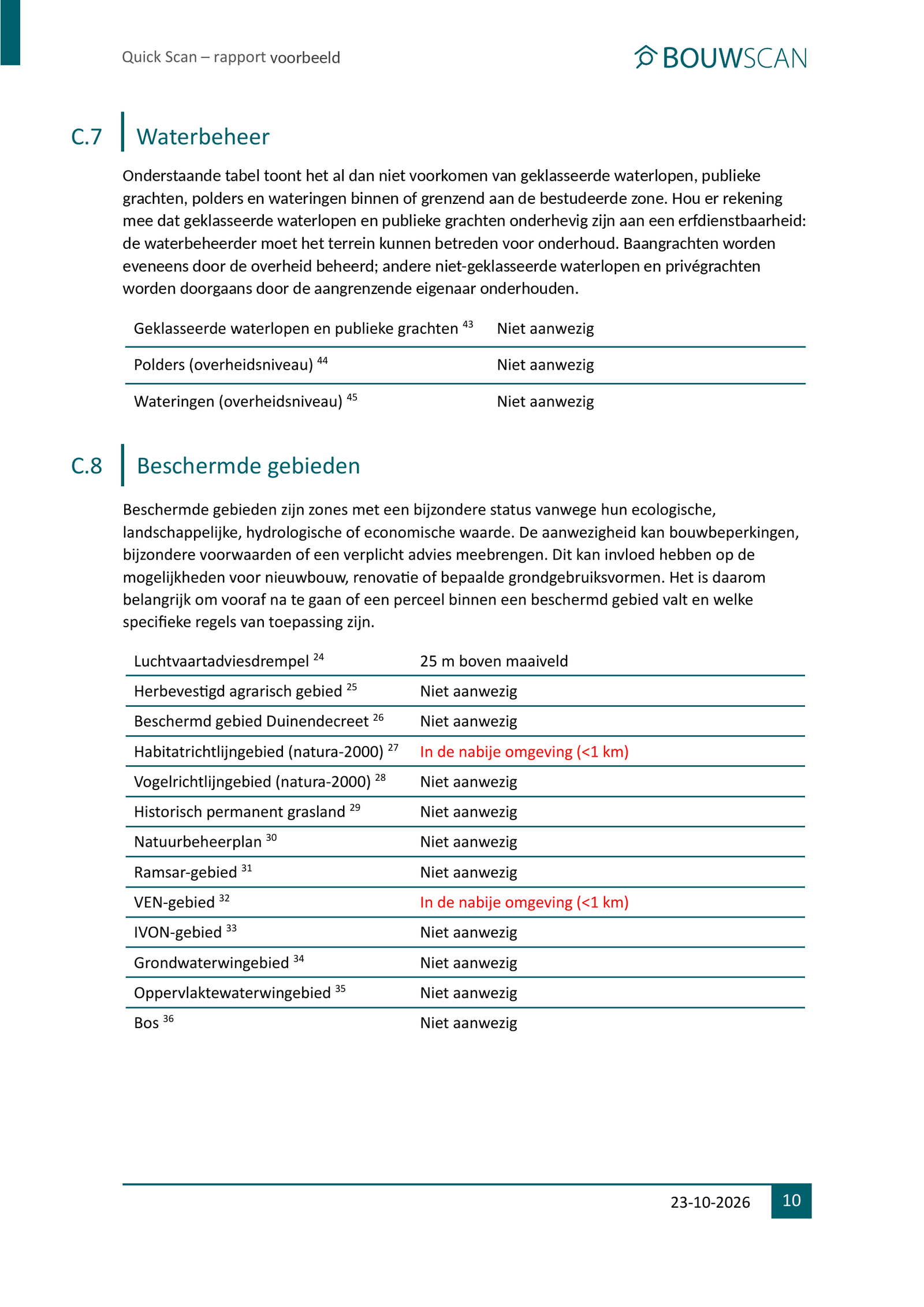 Volledige voorbeeldpagina uit de Quick Scan met Waterbeheer en Beschermde gebieden, inclusief rapportlogo, kop en voettekst.